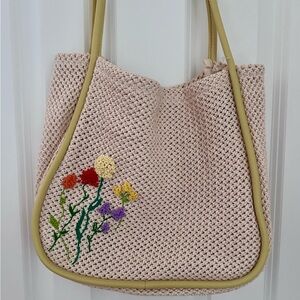 Floral Embroidered Beige Tote Bag